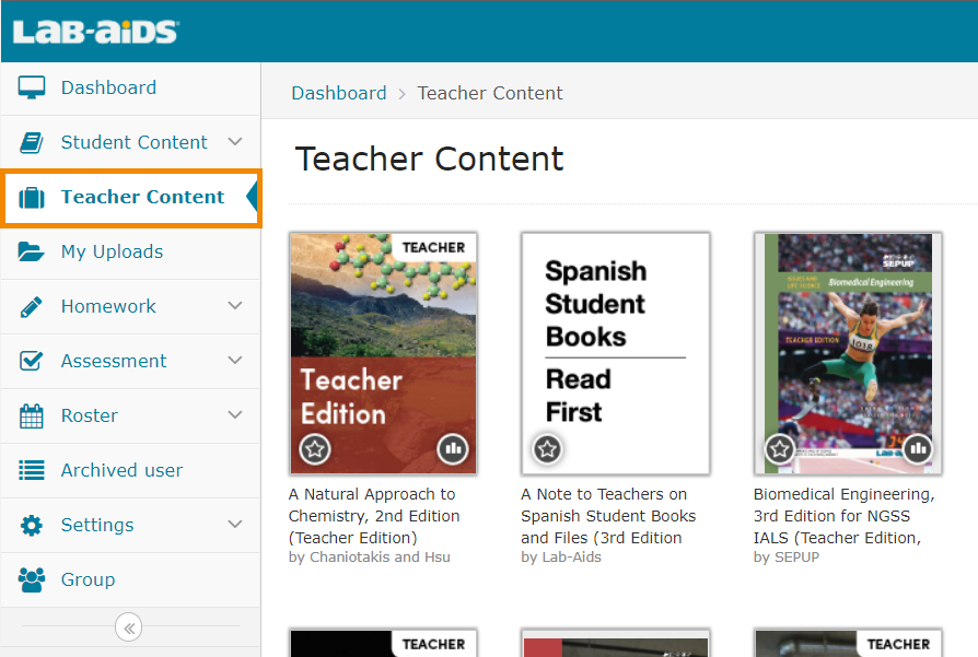 Click on the Teacher Content left-hand menu to view teacher content. 
