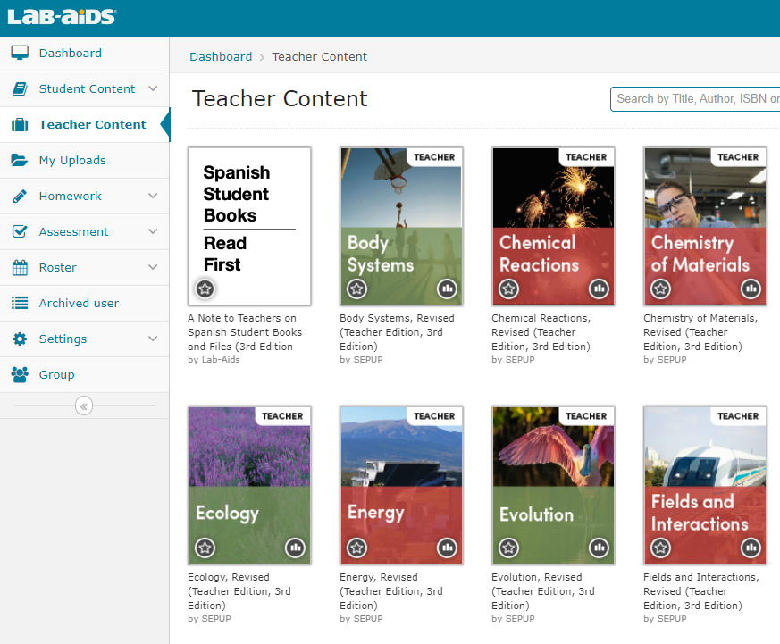 "Teacher Content" library displaying Teacher Edition books