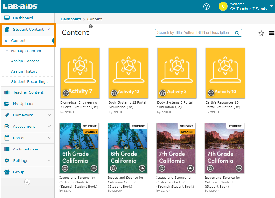 View the student products by clicking on Student Content, and then Content.  Portal Simulations are in yellow, and student books are labeled with their respective grade.