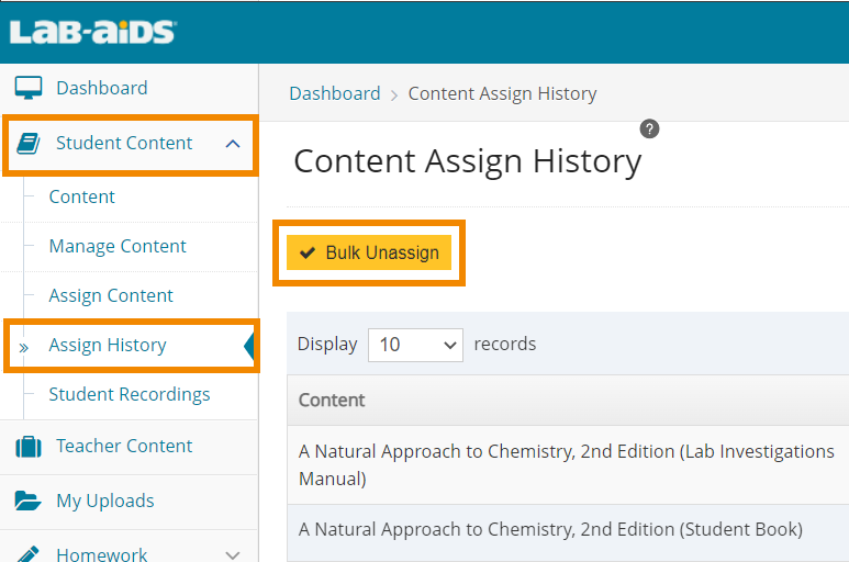 Click "Student Content", then "Assign History", and then click the yellow "Bulk Unassign" button.