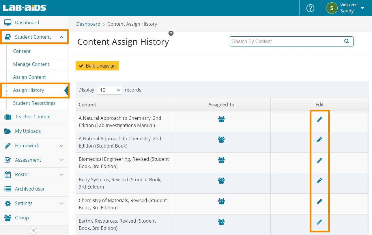 Click "Student Content" > "Assign History" to see the books/simulations previously assigned to students. Click the "Edit" button to unassign specific books. 