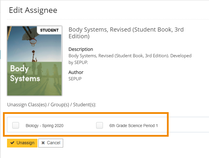 Click the "edit" button to unassign from the classes/groups/students previously assigned.