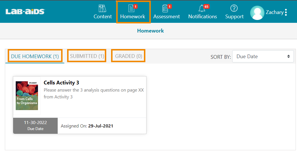 Click on the homework icon on the top menu to view Due homework, submitted homework, and graded homework. 