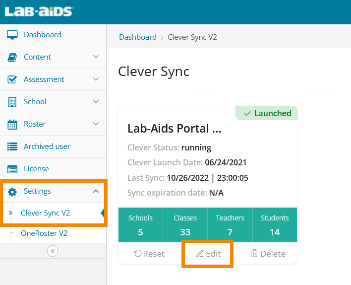 Log in as district admin and click Settings > Clever Sync V2 > Edit