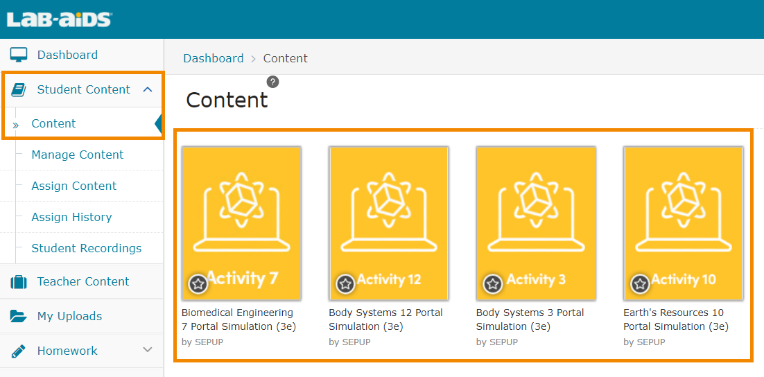 Click on Student Content > Content to view simulations. Simulations are in yellow. 