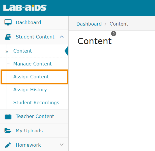 To assign books to students, click Student Content > Assign Content from the left-hand menu.