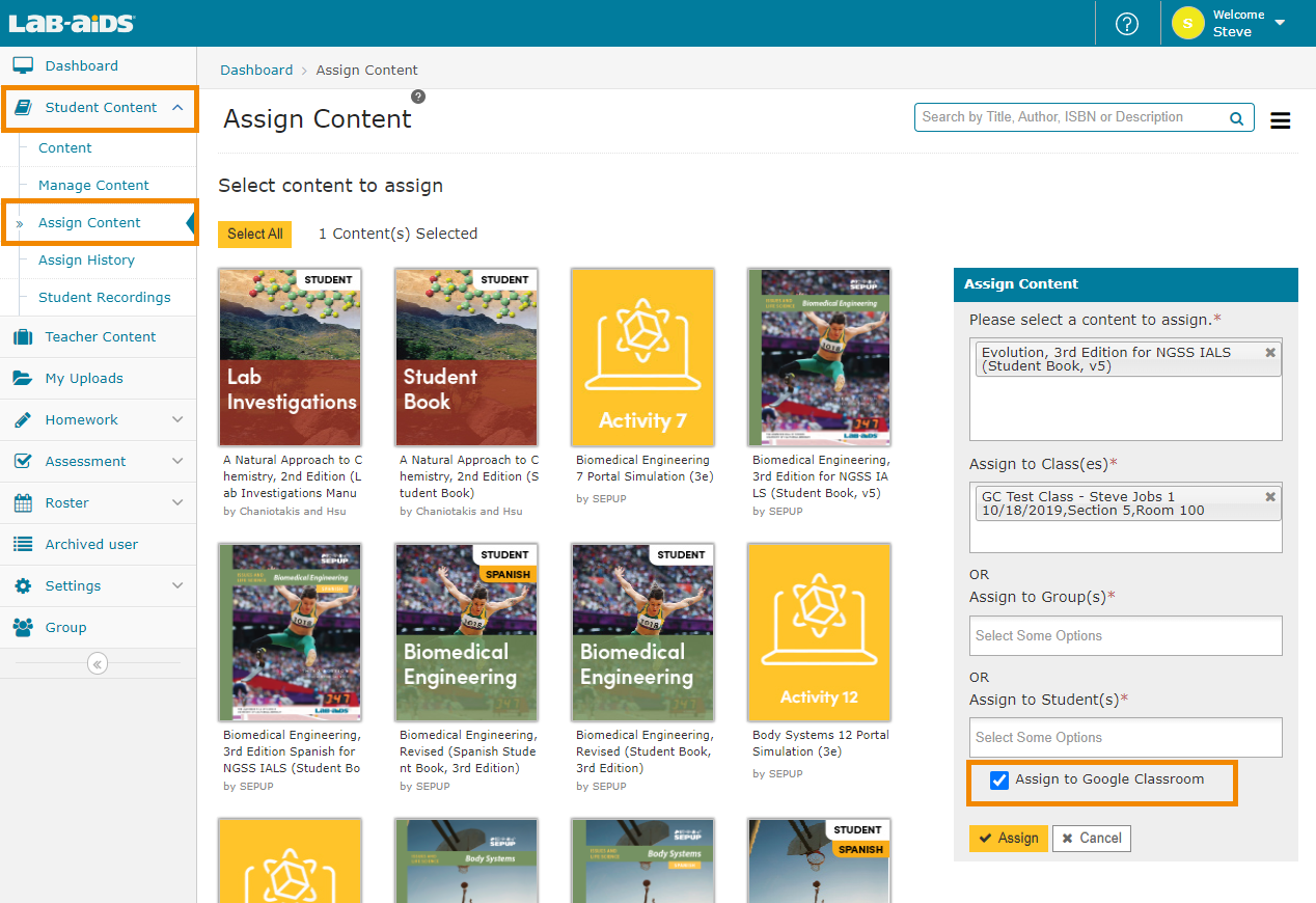 Teachers assign books to students and click "Assign to Google Classroom" checkbox to automatically post the link to the class in GC