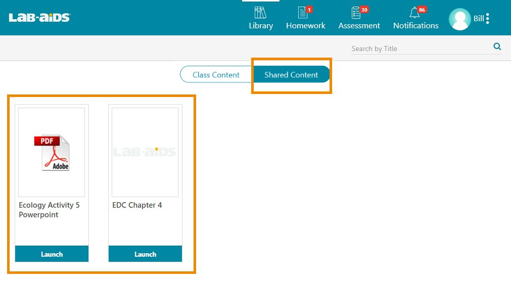 Students click on "Shared Content" to view files shared with them by teacher