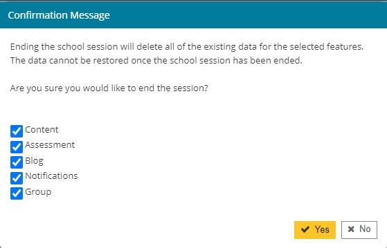 After clicking "End School Session", a popup appears with options for categories from which to delete data -- "Content, Assessment, Blog, Notifications, and Group". At minimum, select "Content", since this option will remove licenses from existing students. 