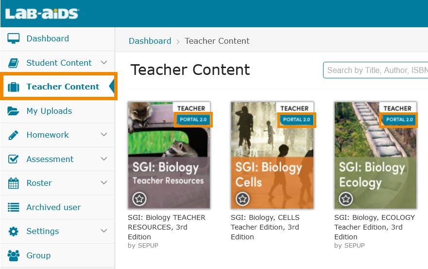 View Teacher Books under the Teacher Content menu. Portal 2.0 books will have "Portal 2.0" listed on the thumbnail.