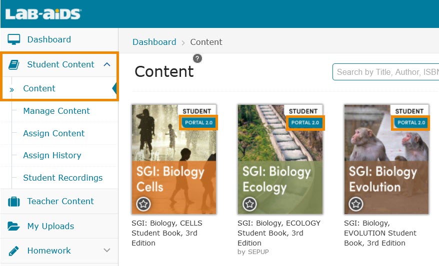 View Student Books under the Student Content > Content menu. Portal 2.0 books will have "Portal 2.0" listed on the thumbnail.