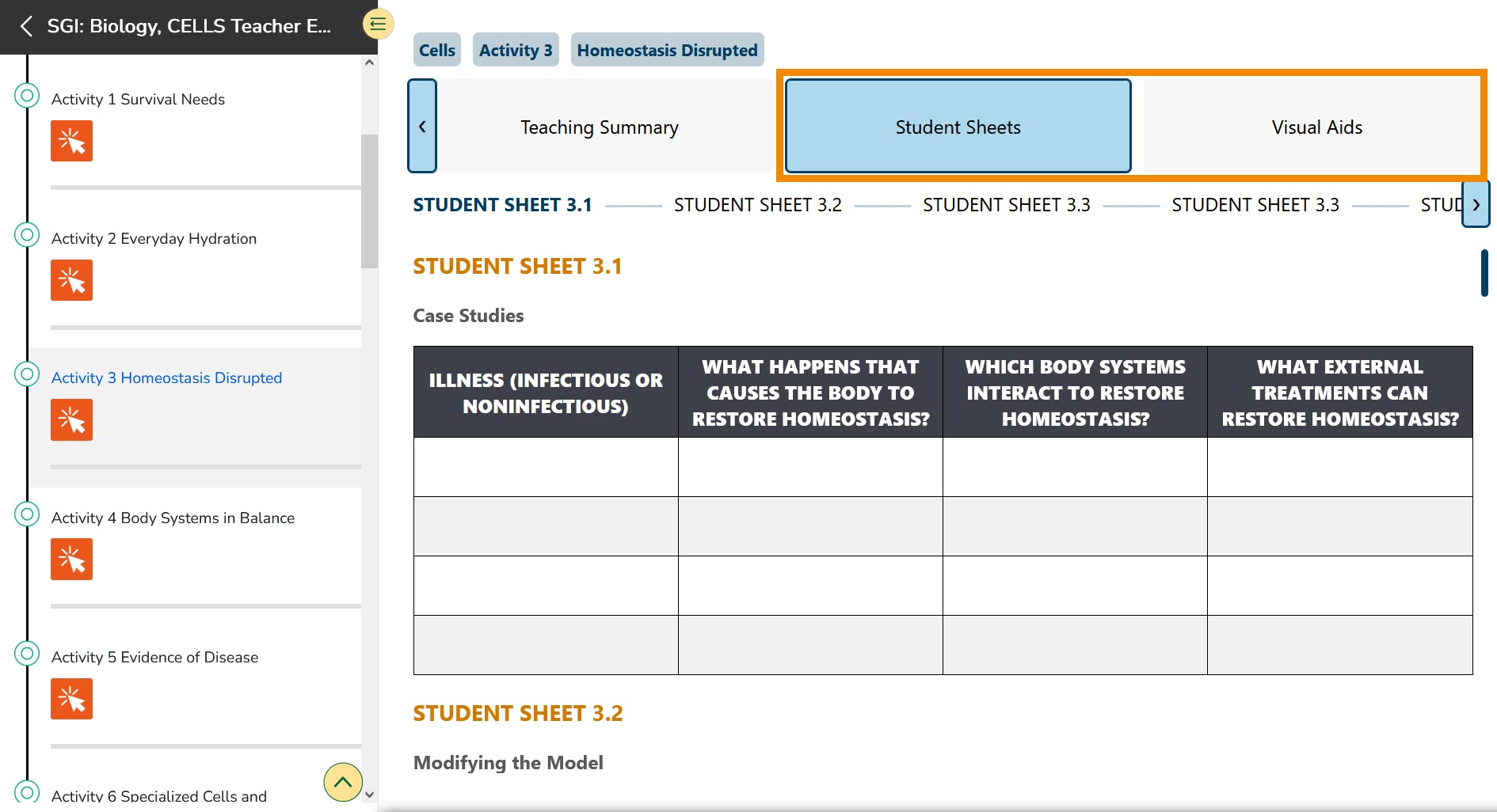 Student sheets and visual aids are available in HTML format at the end of each activity (the last headers of each activity). 