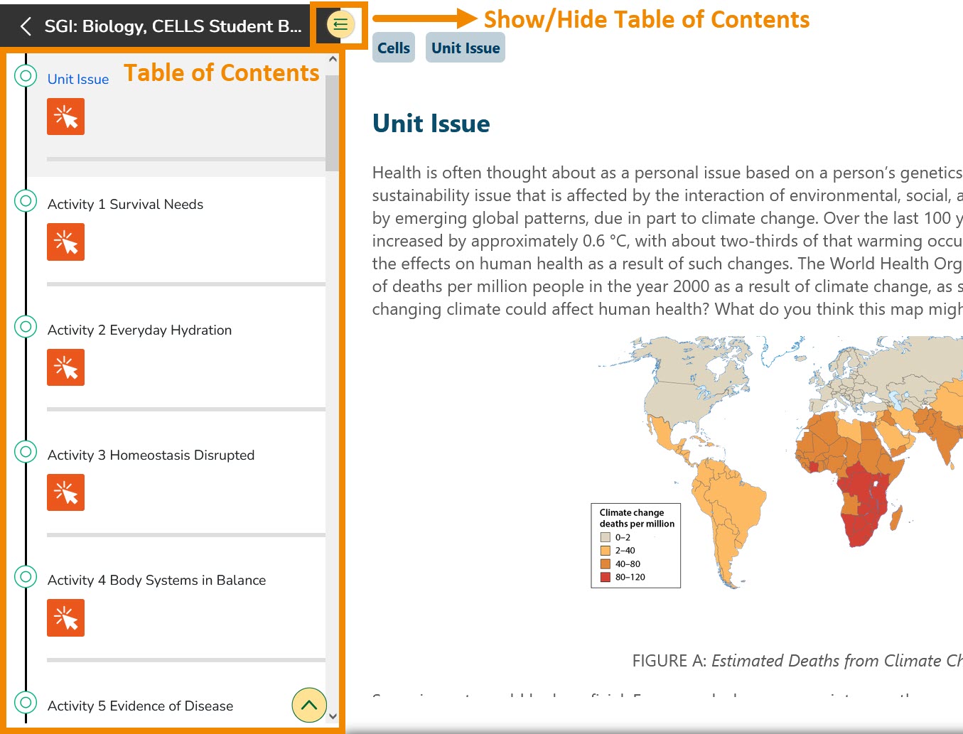 Use the Table of Contents to navigate through the activities and sections within a unit.