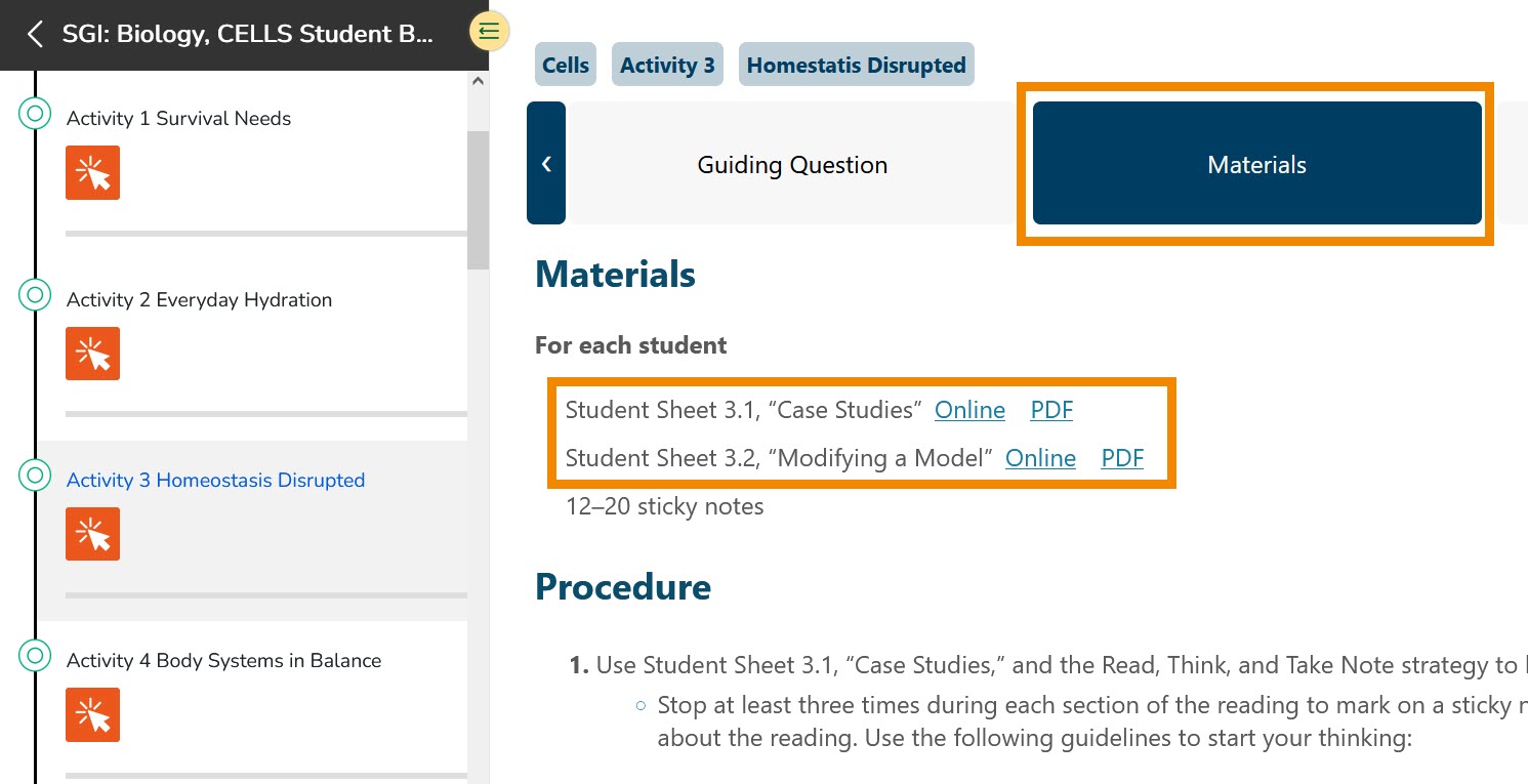 Student sheets will be linked under the Materials header.