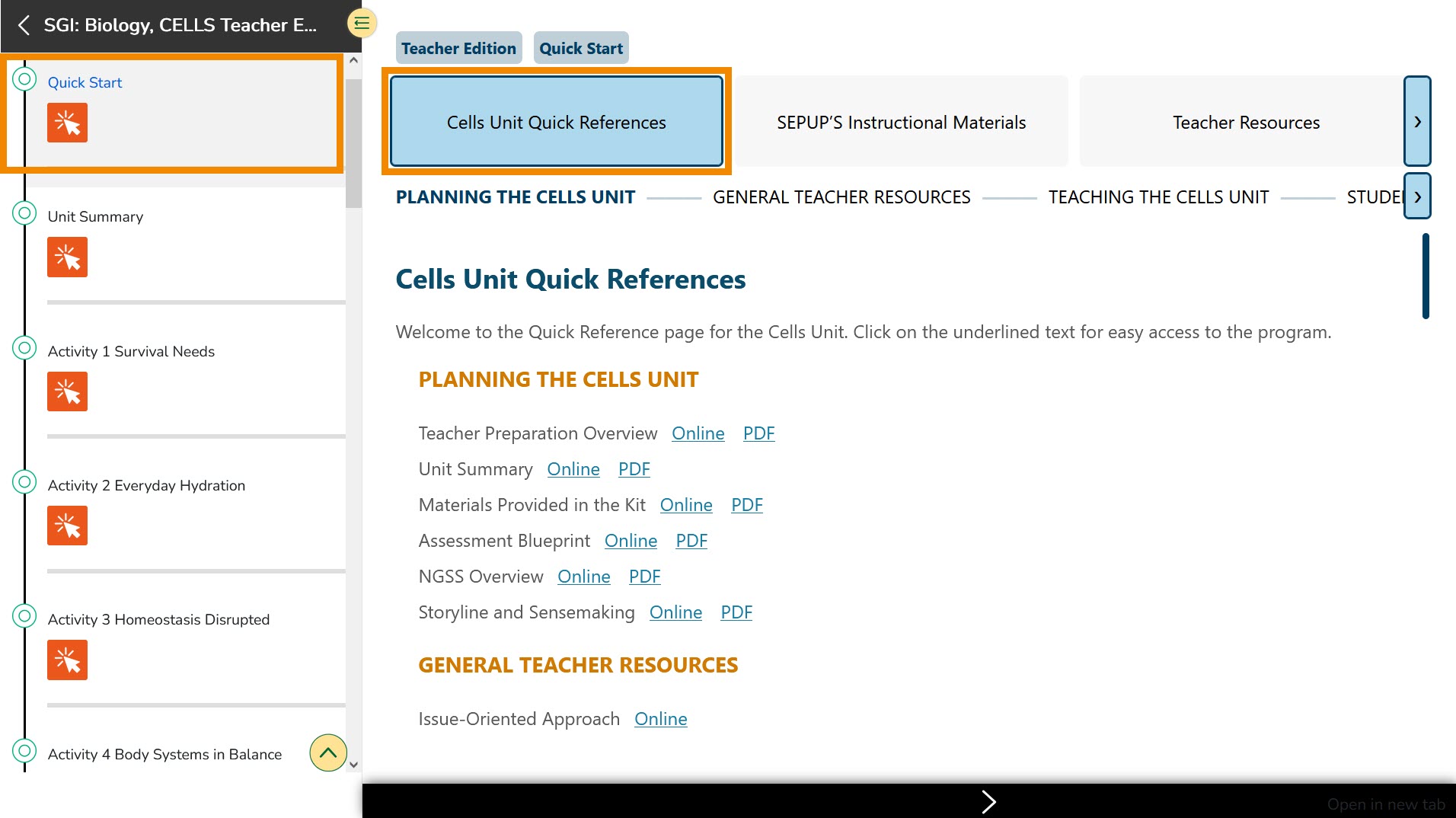 Use the Quick Start menu > Quick References header to access ancillary resources. 