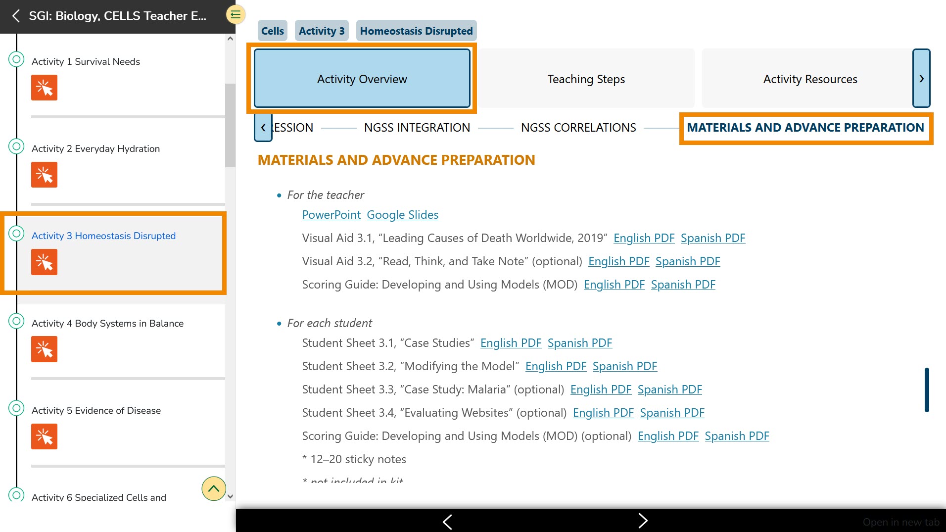 Ancillary resources for each activity are available under the Activity Overview header > Materials and Advanced Preparation subheader.