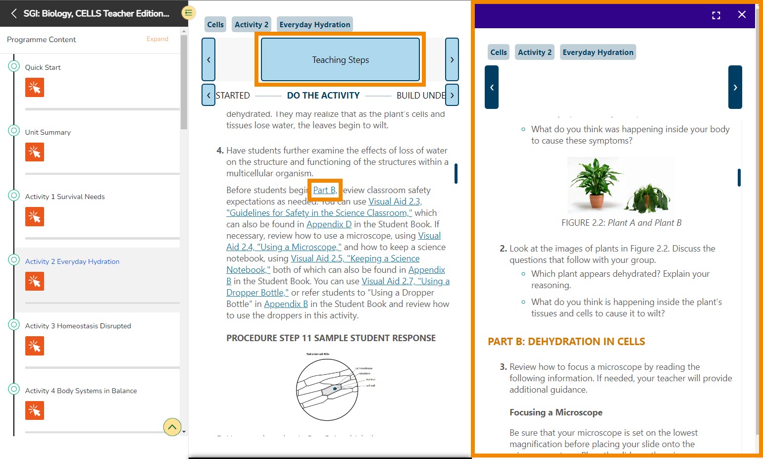 Clicking on links to the student book will open a specific section of the student book in a side-by-side window.