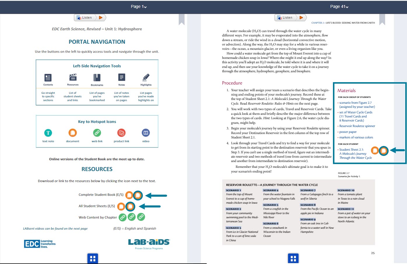 In each student book, the Tools and Resources Page (Page 1) contains the Spanish PDF hotspot, and the "Materials" section of each activity will contain any Spanish hotspots next to the English hotspots.