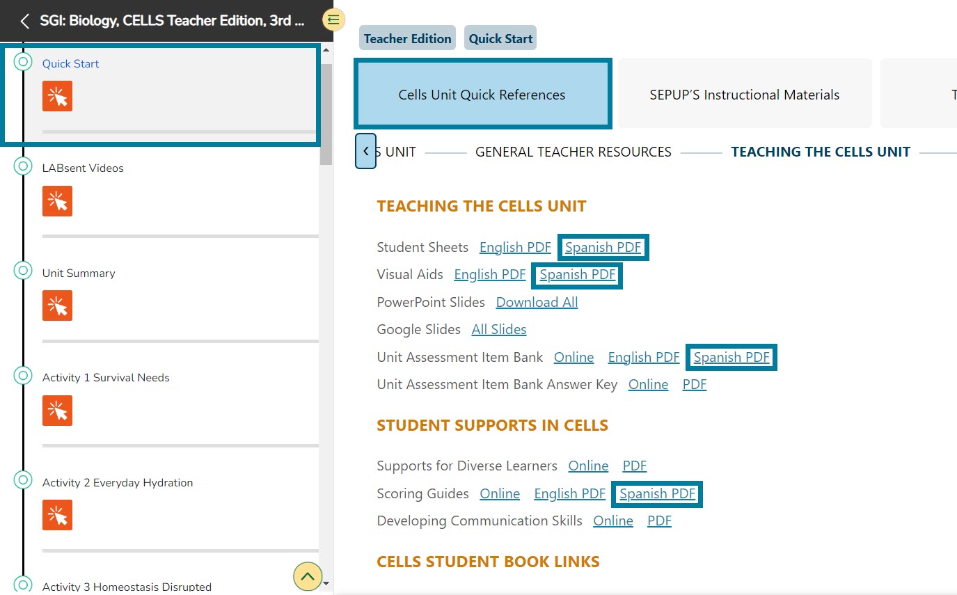 All available Spanish resources will be hyperlinked "Spanish PDF" next to their English hyperlinks. 