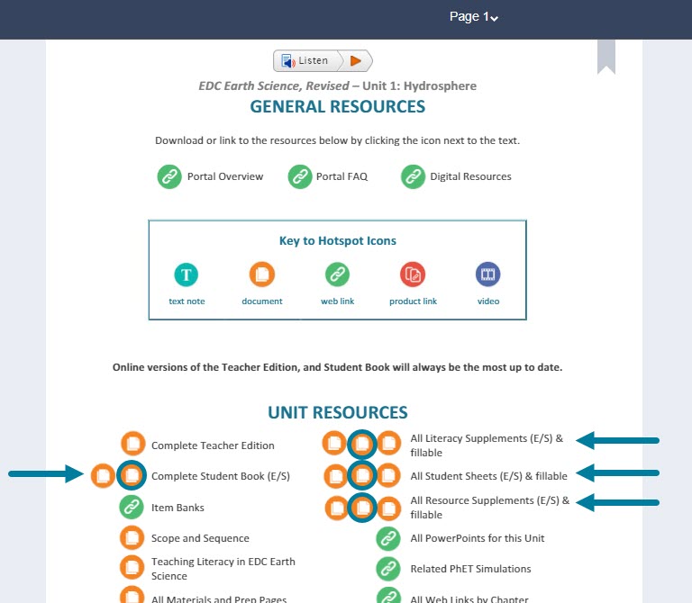 From each Teacher's Edition, the Tools and Resources page (page 1) will display Spanish hotspots next to their English hotspots.