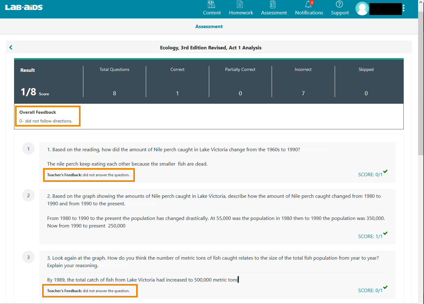 Feedback for the entire assessment is located at the top ("Overall Feedback"). Feedback for each question is located under each question ("Teacher's Feedback").