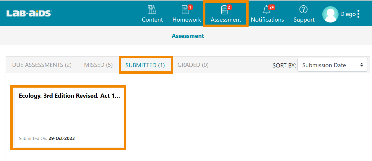 To view submitted responses, click Assessments > Submitted and click on the test in question.
