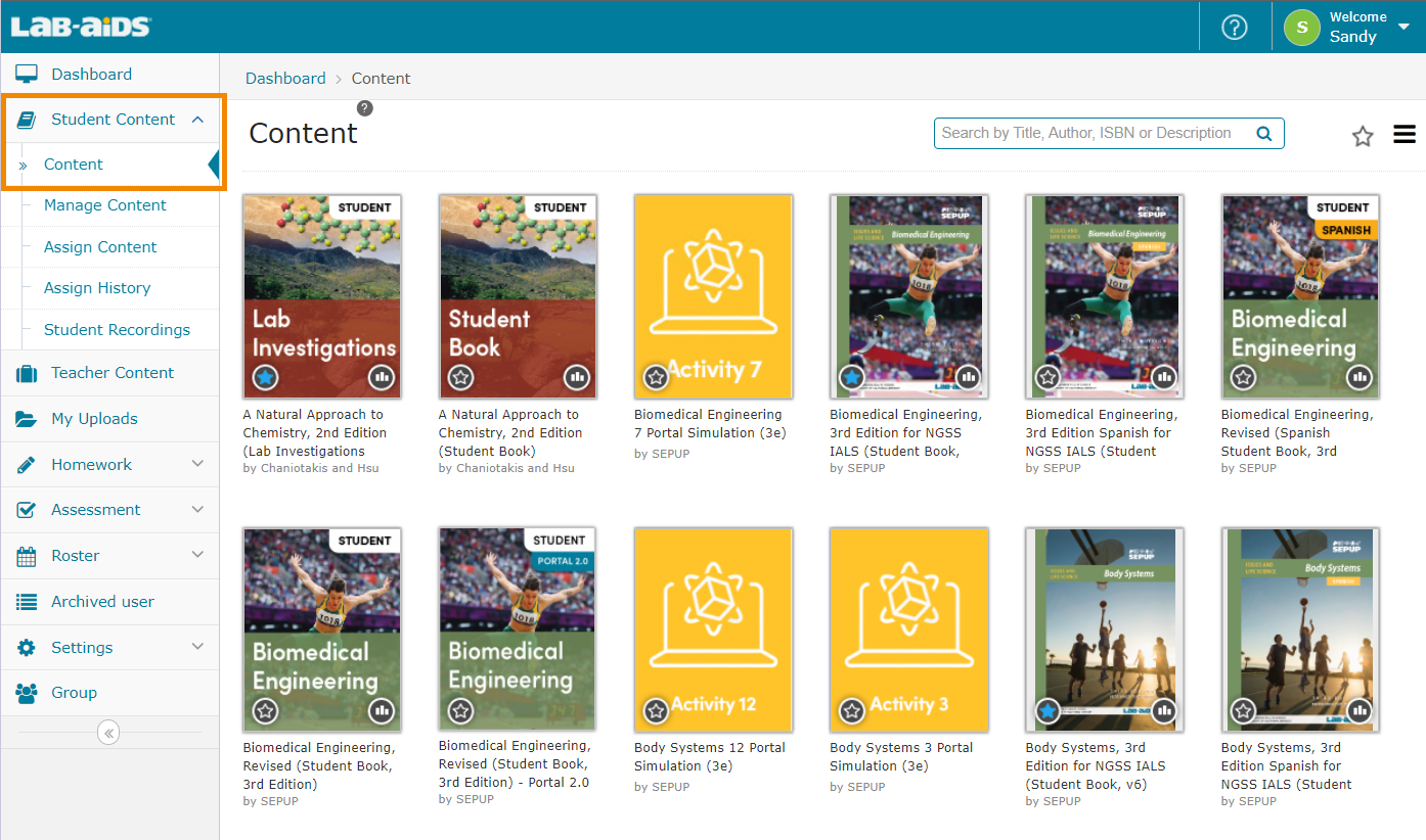 To view student content, click the Student Content > Content menu on the left side. 