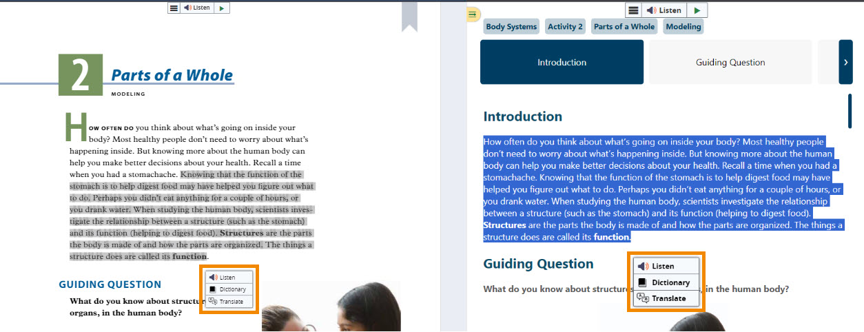 Two side-by-side examples, each showing a page with some highlighted text. On each, the menu with "Listen" that appears is outlined. 