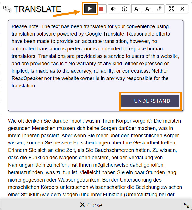 The popup screen that appears after clicking "translate". The "I understand" button under the disclaimer is outlined, there is German translated text displayed, and the "play" icon at the top is outlined.