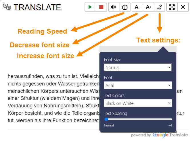 Arrows point to four "settings" icons at the top of the "Translate" window and text is added to identify each. The text above explains in more detail. 