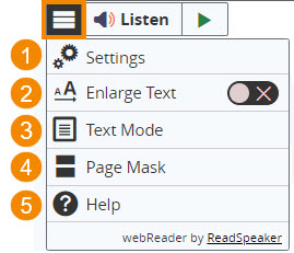 The options under the ReadSpeaker menu are: Settings, Enlarge Text, Text Mode, Page Mask, and Help.