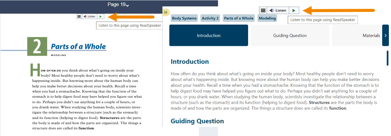 Two side-by-side examples for Portal 1.0 and Portal 2.0. On each, an arrow is pointing to the "Play" button at the top of the page to the right of the "Listen" option. 