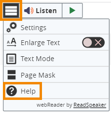 Once the ReadSpeaker menu is opened, the "Help" option is found at the bottom.