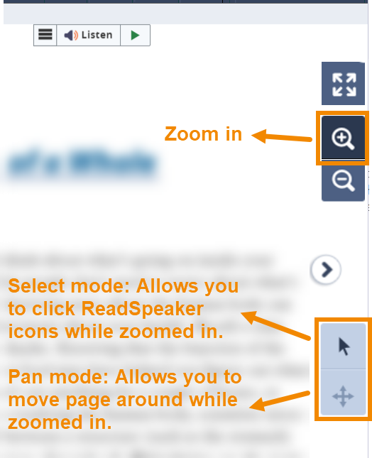 "Zoom in/out", "Select mode", and "Pan Mode" icons are found on the right side of Portal 1.0 pages. Full text above. 