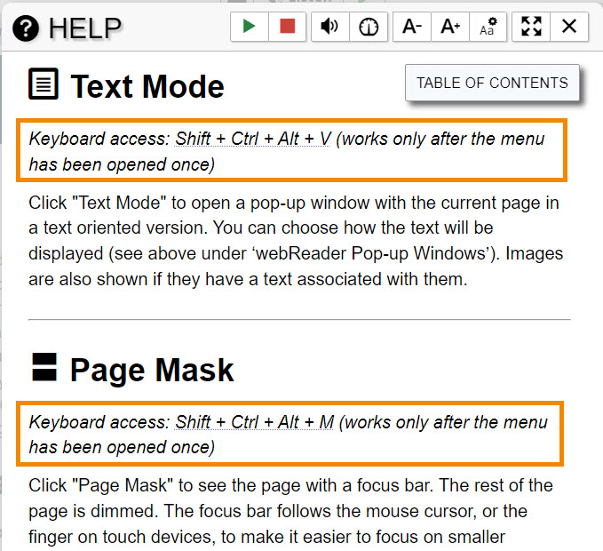Two example keyboard shortcuts are highlighted here, located in italics below the headings for Text Mode and Page Mask.