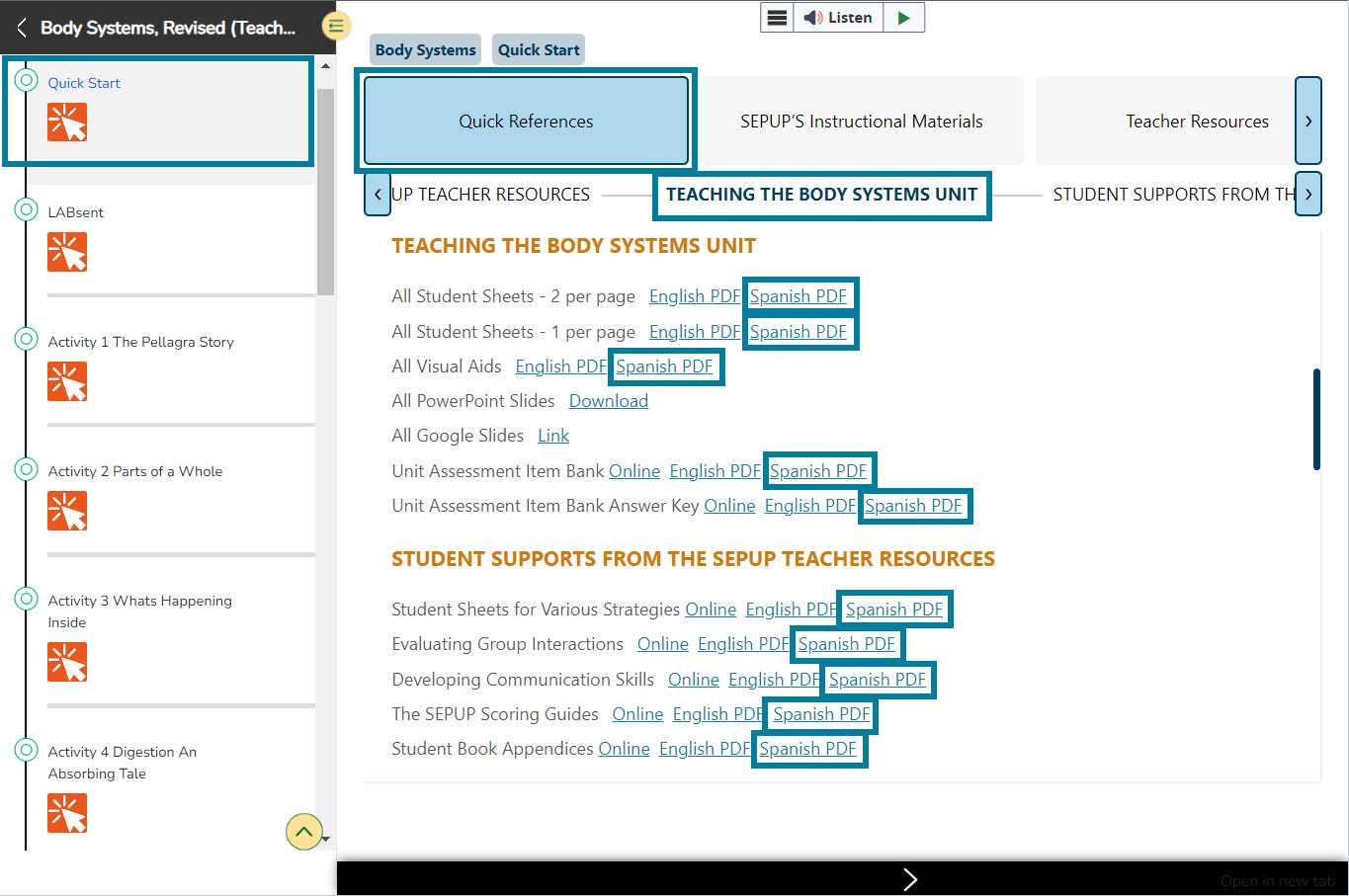 The “Teaching the Unit” section in the TE is shown. Links for English PDFs and Spanish PDFs are shown next to student sheets, visual aids, item banks, and student supports. Spanish links here are outlined in teal for emphasis.
