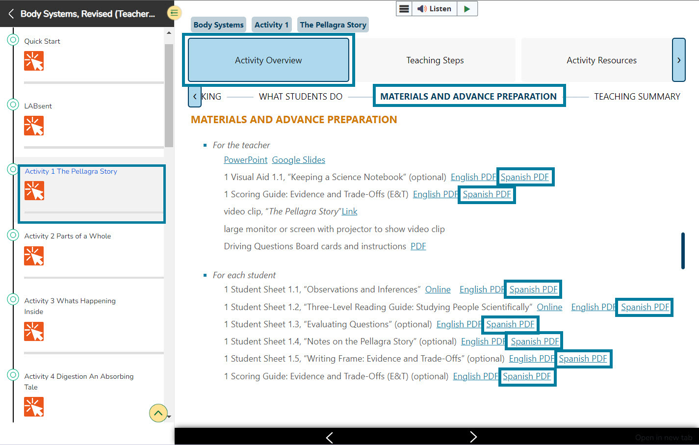 The Materials and Advanced Preparation section for Activity 1 is shown. Links for English PDF and Spanish PDF are shown next to visual aids, scoring guides, and student sheets. Spanish links here are outlined in teal for emphasis.