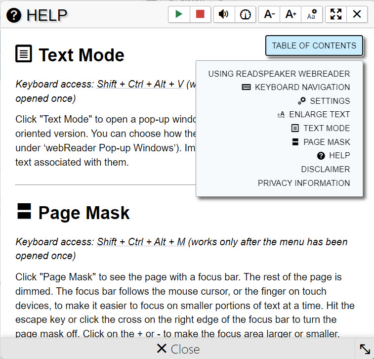 Help menu example showing the Table of Contents and the "Text Mode" and "Page Mask" sections.