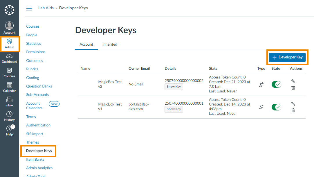 Add new LTI Key by going to the Admin left-hand menu in Canvas >> Developer Keys >> +Add Key >> + LTI Key.