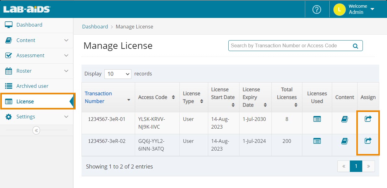 License screen with the "Assign" icons highlighted