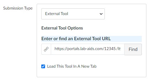 Add an assignment, choose "external tool" for submission type, search for lab-aids portal external tool. click 'load this tool in new tab".