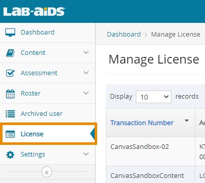 The left-hand menu is shown with "License" outlined in orange. This "License" menu indicates the account is an admin account.