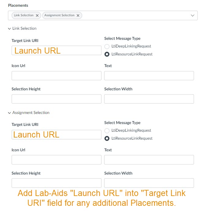 Orange text "Launch URL" is displayed in the Target Link URI field for each expanded "Placement" option. 