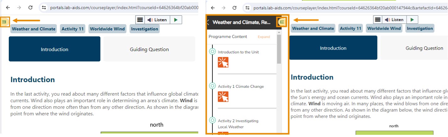 A Portal 2.0 activity is open and the left-hand menu is collapsed. The icon in the top left to expand the menu is outlined in orange. The screenshot to the right shows the menu expanded. 
