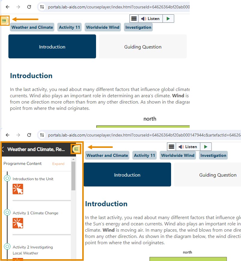 A Portal 2.0 activity is open and the left-hand menu is collapsed. The icon to expand the menu is outlined in orange. The screenshot below shows the menu expanded. 