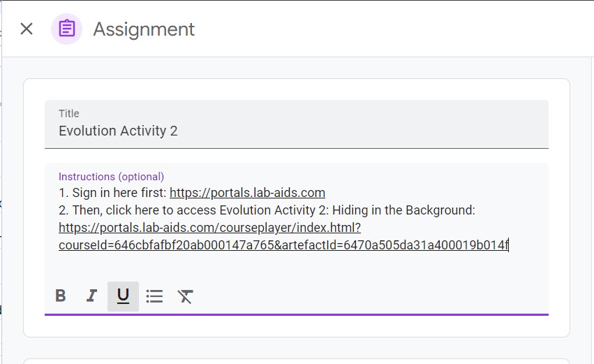Teacher pasted text into a Google Classroom assignment