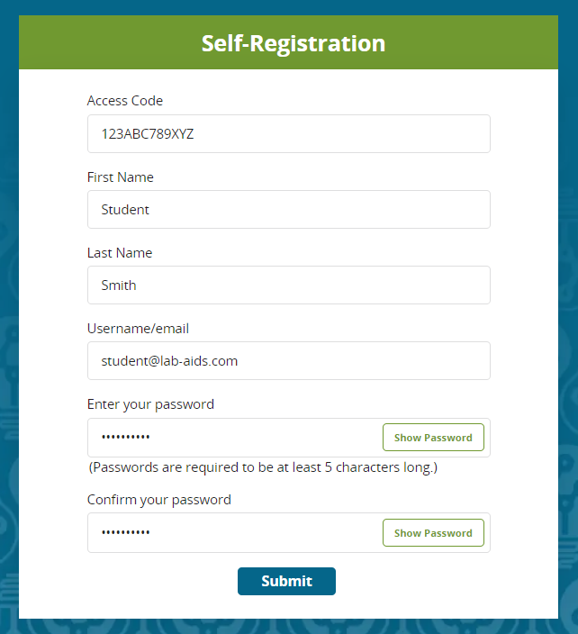 The registration page displays with fields for access code, first/last name, username/email, and password.