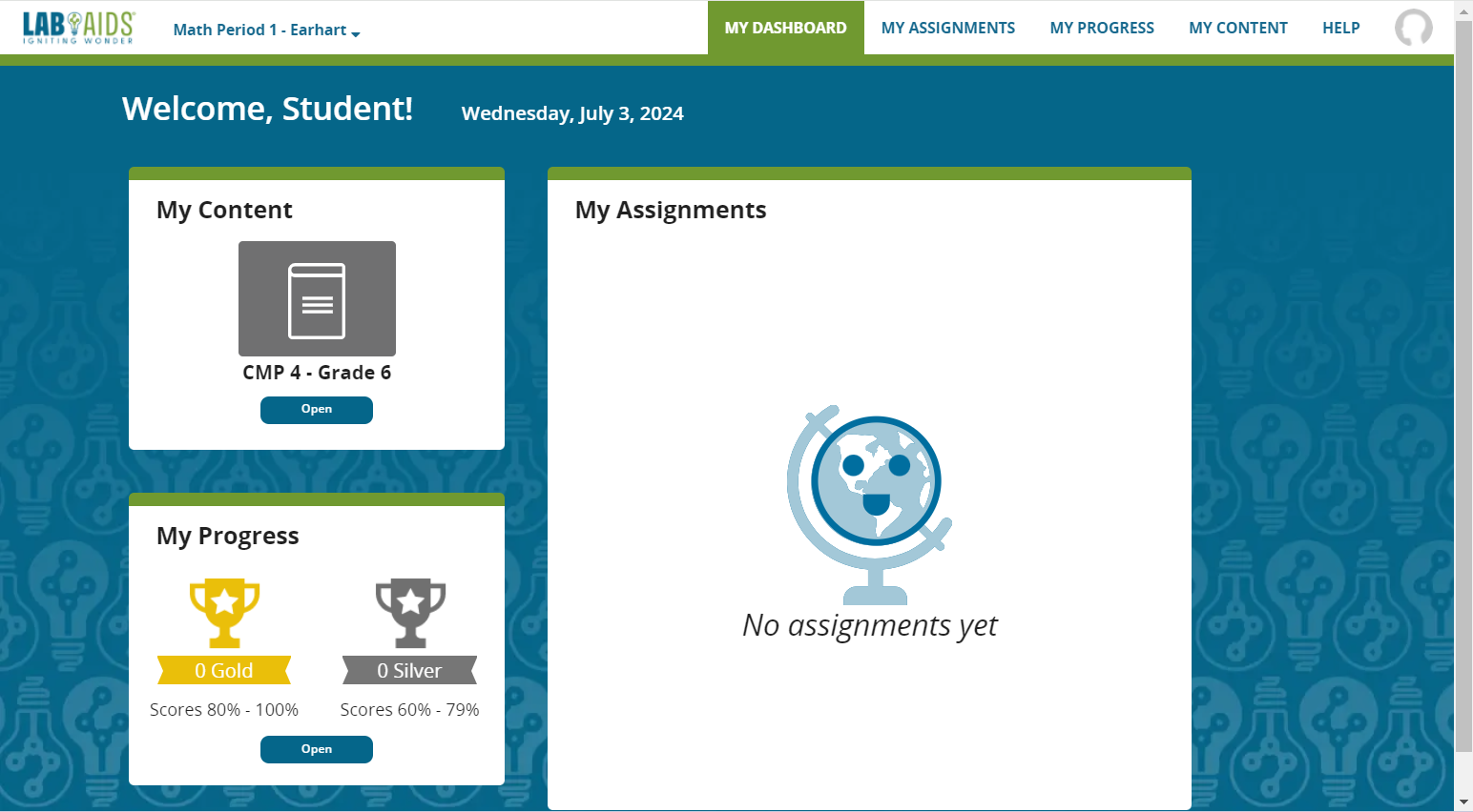 Image of student's home page with "Welcome, NAME!" in the top left corner and various menus displayed on the screen.