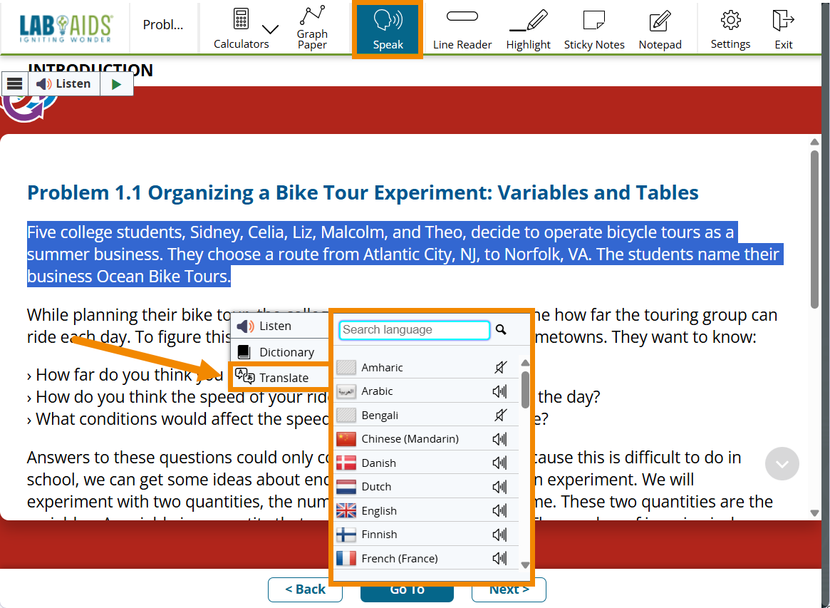 A paragraph of text is highlighted with the corresponding ReadSpeaker popup menu displaying. The "Translate" option and the popup list of languages are outlined in orange.