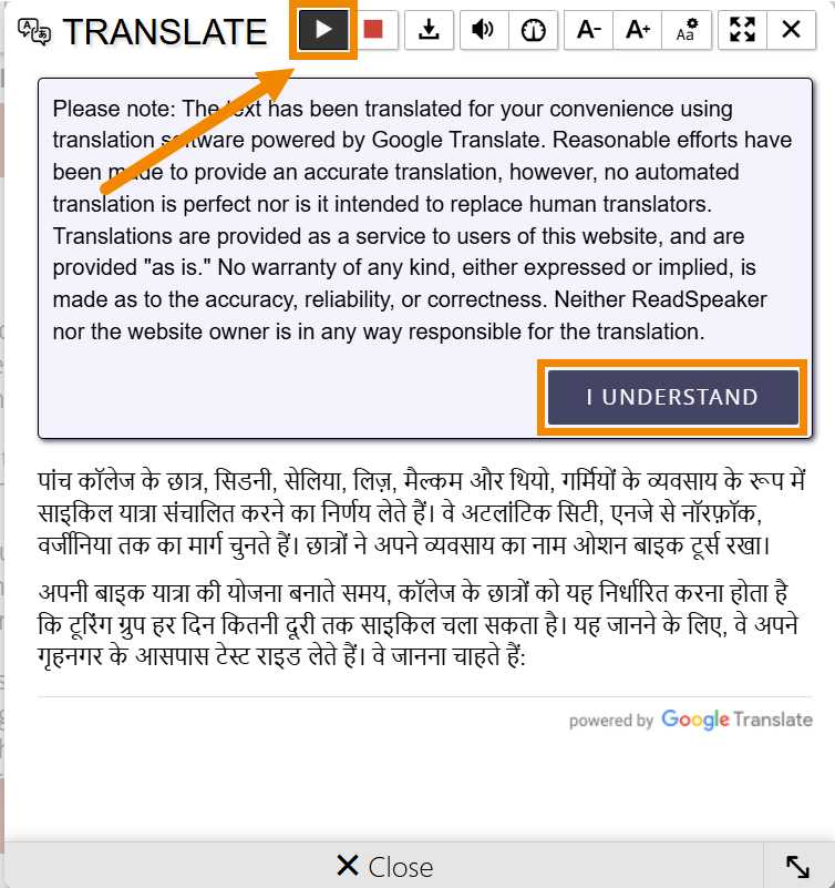 The popup screen that appears after clicking "translate". The disclaimer screen displays with the "I understand" button underneath outlined. The translated text is displayed, and the "play" icon at the top is outlined.